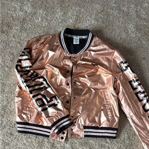 PINK Victoria's Secret Metallic Rose Bomber Jacket with Black Trim